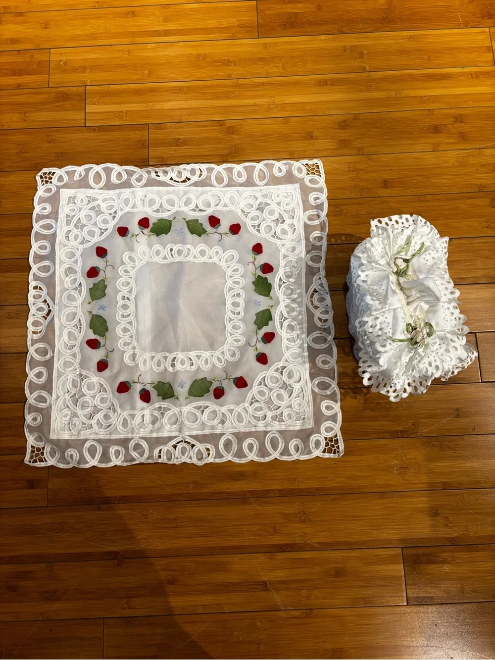 White Embroidered Lace coushion cover & tissue cover.